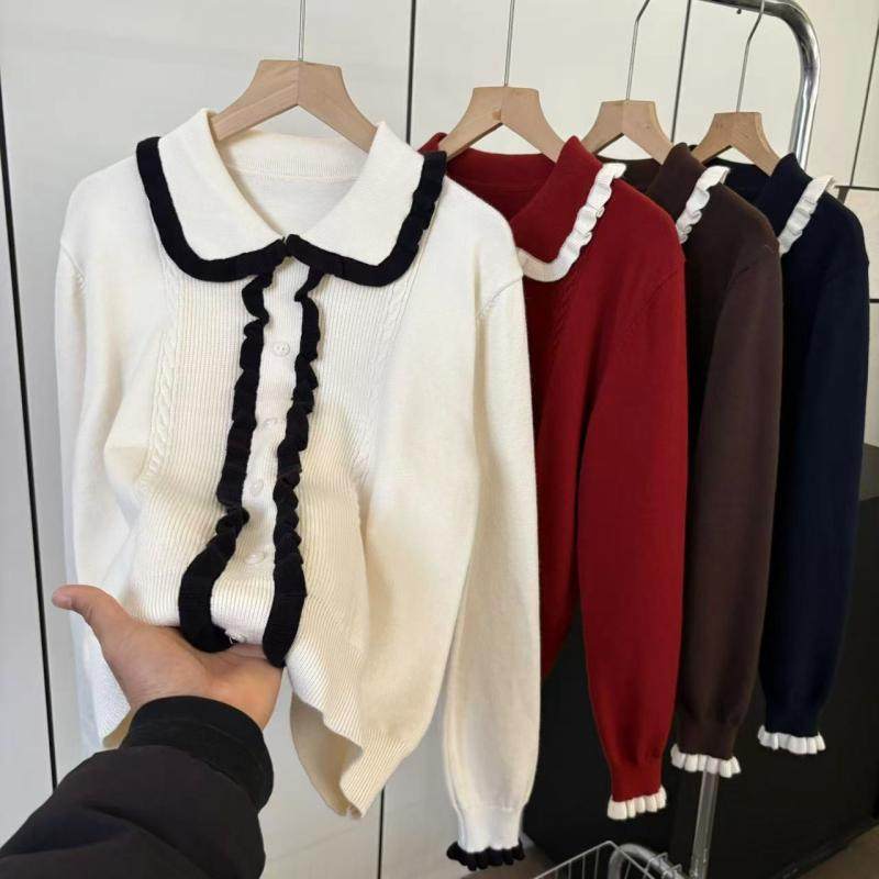 韩系甜美减龄！2025秋冬小香风花边撞色气质百搭显瘦套头毛衣女,女装/女士精品,毛针织衫,淘宝优惠券,粉丝福利购,淘宝优惠卷