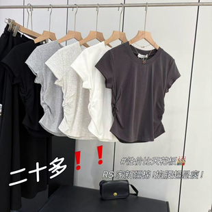 显瘦圆领正肩褶皱收腰设计T恤女 十三行高货 2025夏季 新款 韩版