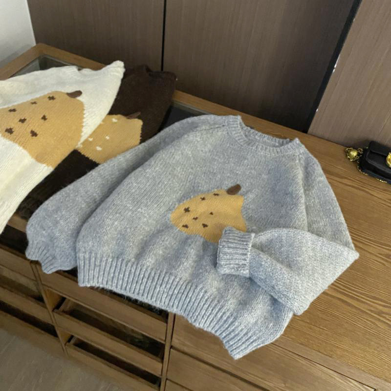 韩国小众！2025冬款圆领百搭软糯卡通鸭梨提花设计慵懒套头毛衣女