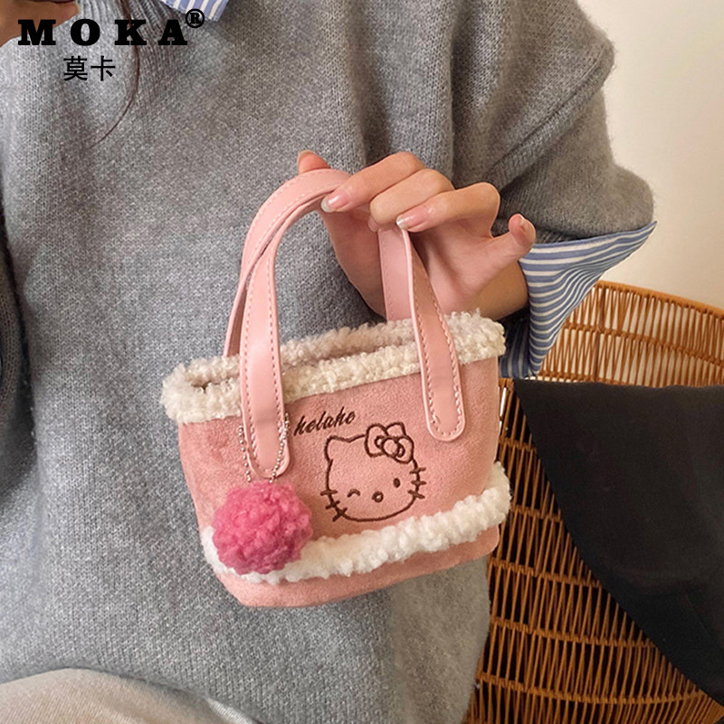 可爱儿童斜挎包2026新款卡通凯蒂羊羔毛手提包小女孩外出时尚轻便