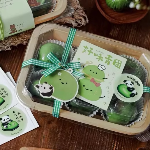 新款可爱卡通青团贴纸不干胶烘焙手工清明果包装礼盒封口贴100贴
