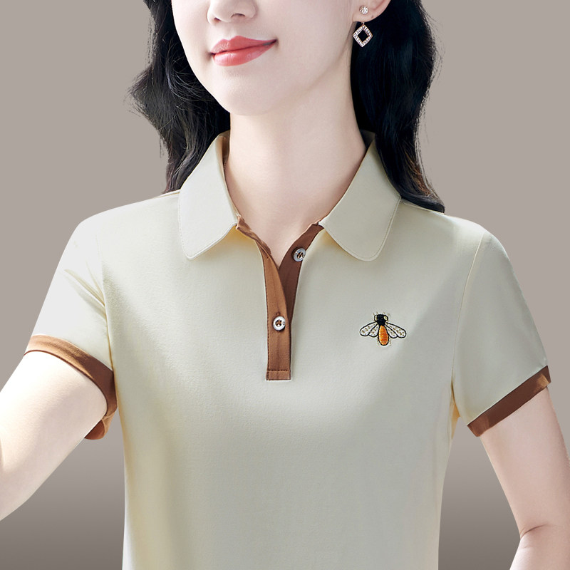 纯棉短袖t恤女夏时尚气质妈妈polo衫宽松大码上衣绣花翻领