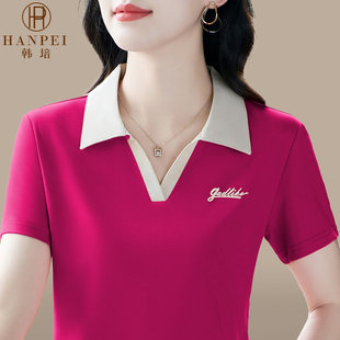夏装 冰丝短袖 中年妈妈polo衫 t恤女夏季 v领休闲运动上衣服 2025新款