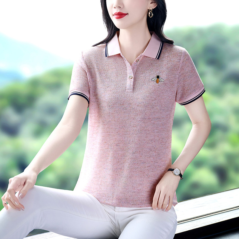 冰丝短袖T恤女2026新款POLO领撞色边条显瘦减龄上衣
