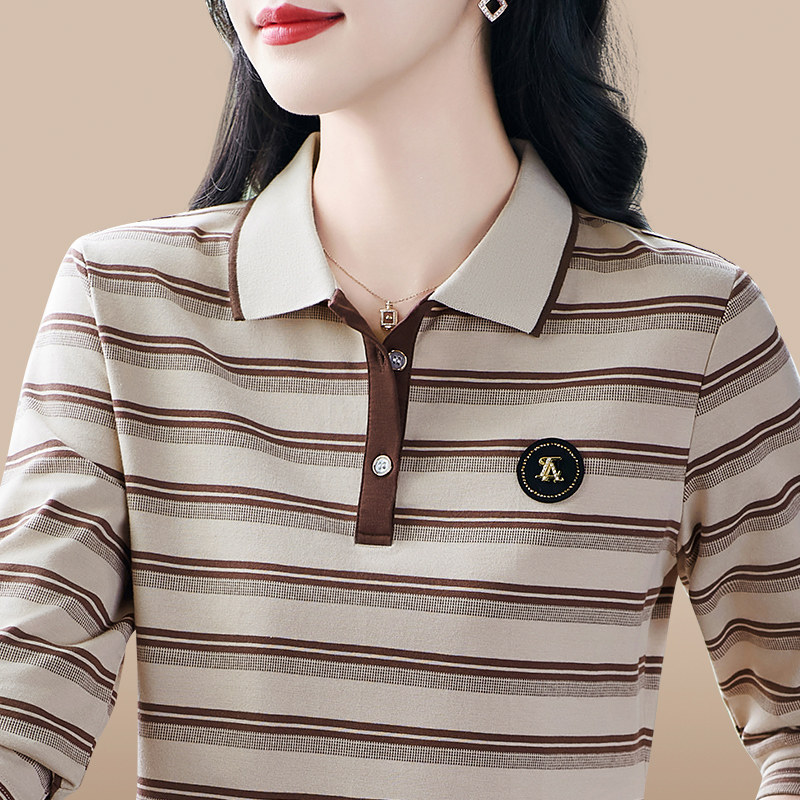 纯棉条纹长袖t恤polo衫女2026春秋新款洋气妈妈宽松显瘦翻领t上衣