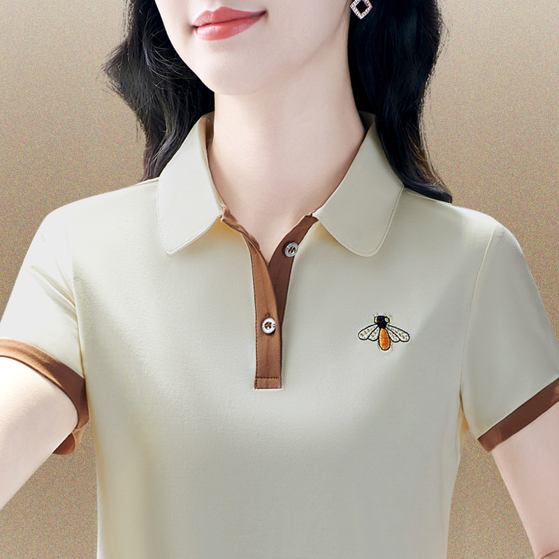品牌纯棉短袖t恤女夏装时尚气质妈妈polo衫宽松大码上衣绣花翻领