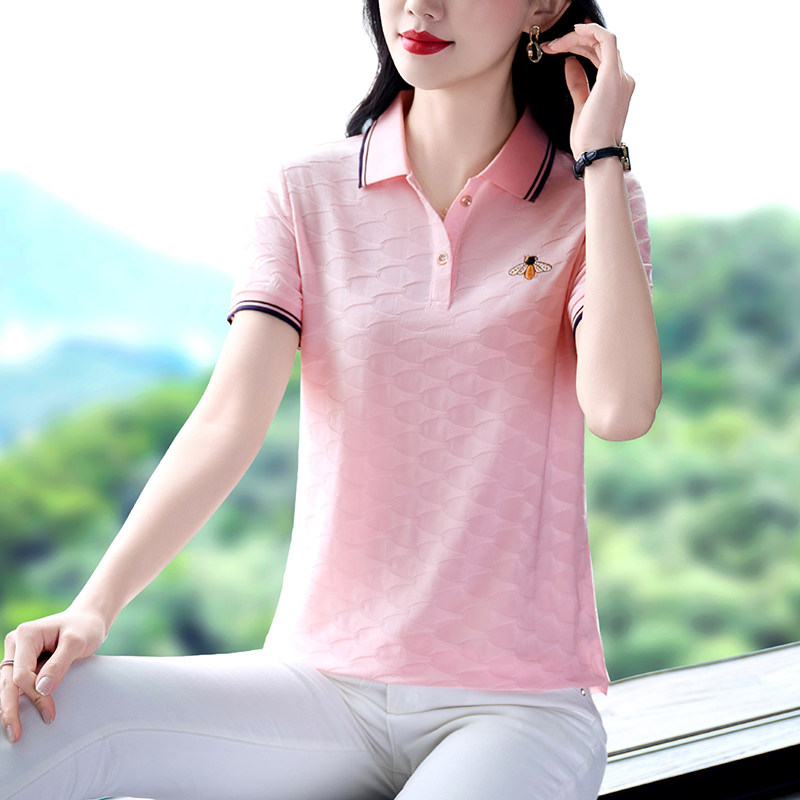 冰丝短袖T恤女2026新款粉色POLO领刺绣显瘦减龄上衣