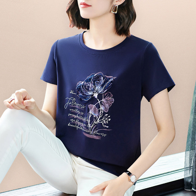 夏季莫代尔纯棉刺绣印花女短袖T