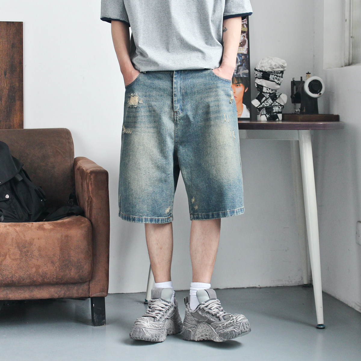 阿爆先生日系复古重磅水洗五分牛仔裤男刮破设计宽松牛仔短裤潮,男装,牛仔裤,淘宝优惠券,粉丝福利购,淘宝优惠卷