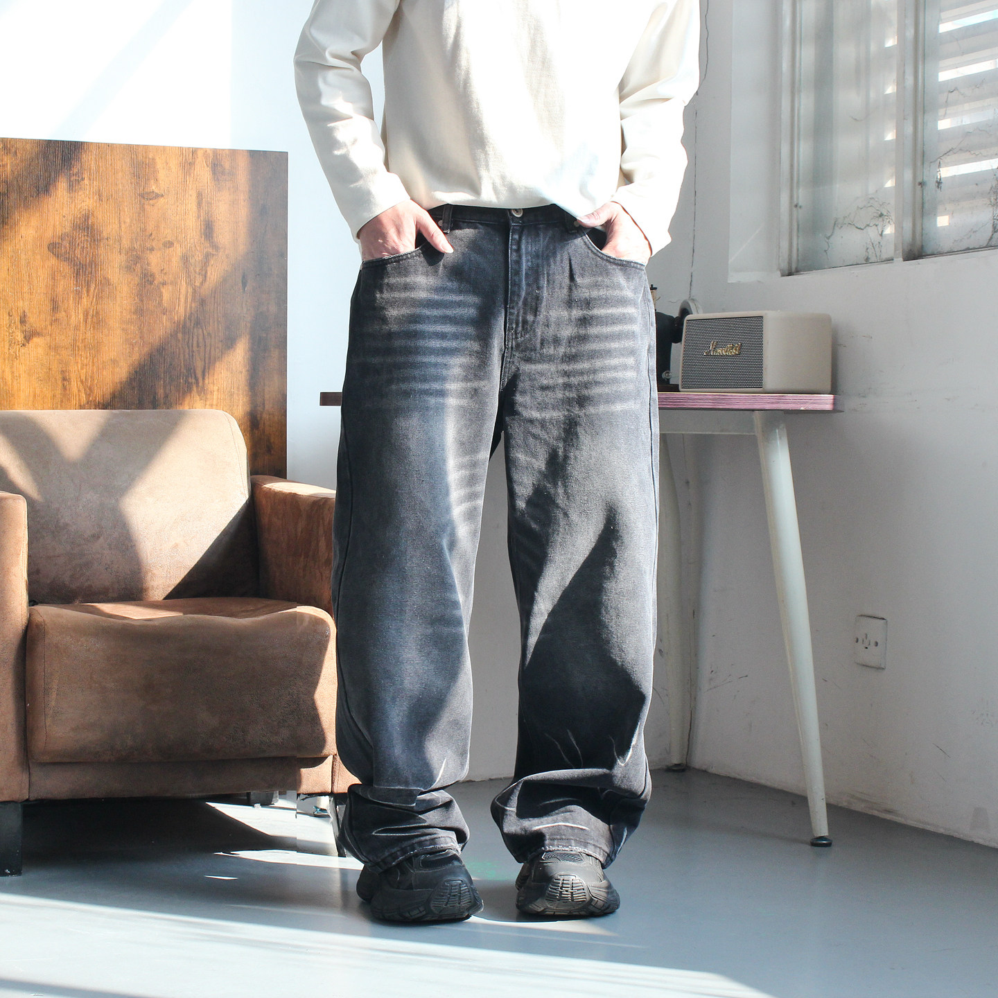 阿爆先生美式复古重磅水洗阔腿牛仔裤男直筒宽松牛仔裤肥腿裤潮,男装,牛仔裤,淘宝优惠券,粉丝福利购,淘宝优惠卷
