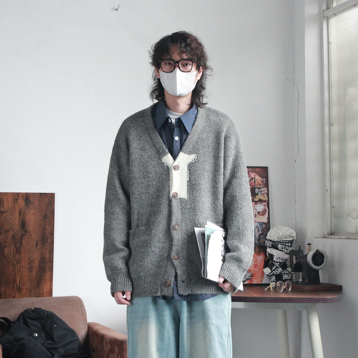 阿爆先生日系复古小清新开衫针织毛衣男重磅高品质撞色羊毛开衫潮