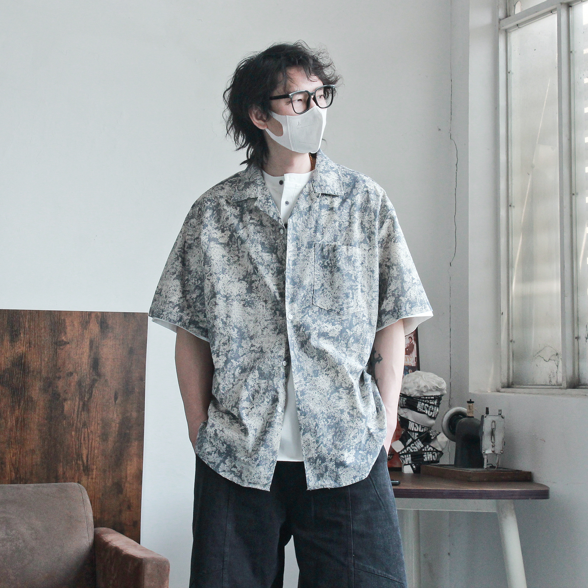 古巴领宽松休闲花衬衫