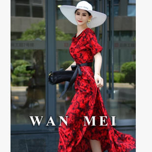 赫本风中长裙LM3020约120cm260g 长裙印花堆堆领收腰短袖 玫金