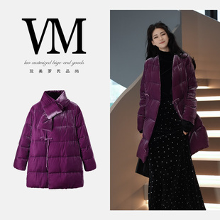 时尚 冬季 真丝丝绒鹅绒服 系带门襟复古QBD20090外套85cm 静若