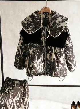 【暖潮初起】鹅绒外套 都市大翻领保暖水墨花纹YJ609外套73cm860g