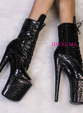新款20公分走秀马丁靴防水台高跟鱼嘴黑色鳄鱼纹短靴模特钢管舞靴
