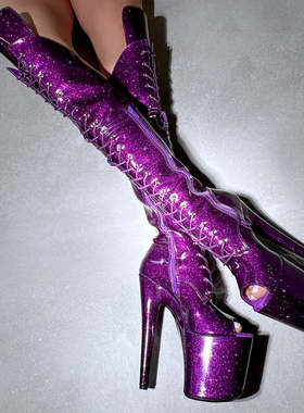 18cm20厘米钢管舞高跟鞋过膝靴舞台表演模特走秀珠光紫色长筒靴