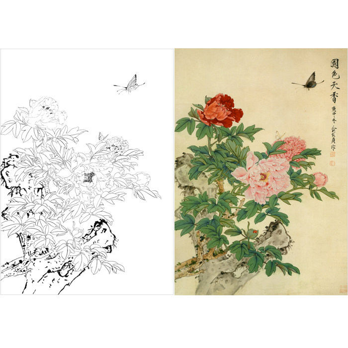 俞致贞工笔画牡丹花鸟线描白描底稿国画临摹勾线练习宣纸打印稿子