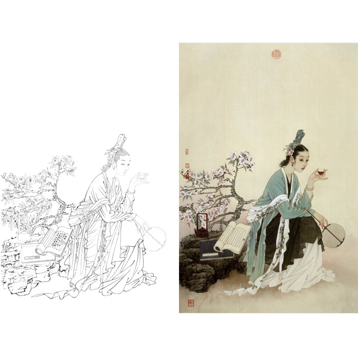 工笔画仕女人物白描底稿国画人像线描画稿临摹勾线练习打印稿子图
