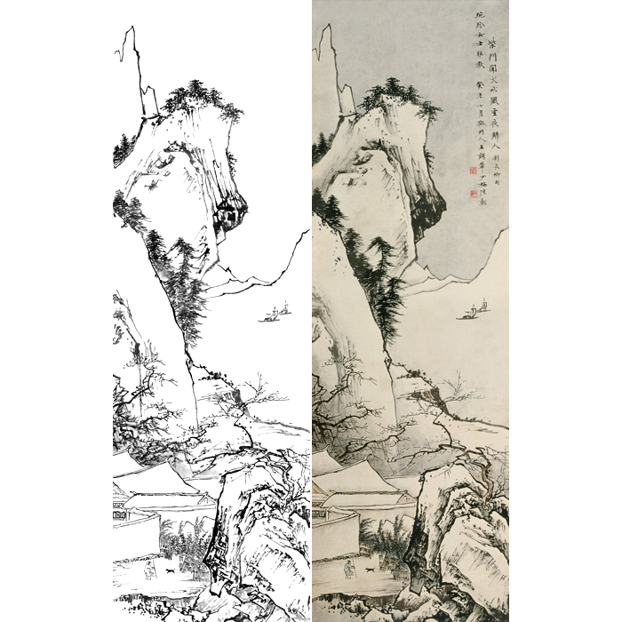 工笔画山水条屏画白描底稿国画山水雪山行旅图临摹勾线练习打印稿