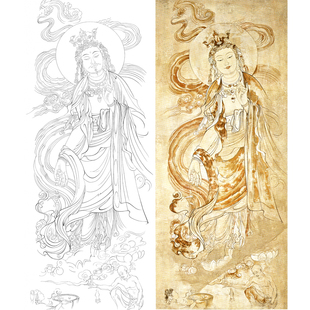 竖幅佛像人物高清莫高窟3窟施财观音敦煌壁画工笔画白描底稿打印