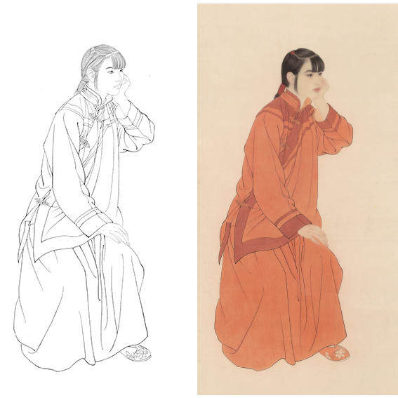何家英 独坐黄昏后工笔现代人物画原大白描底稿临摹实物打印线稿