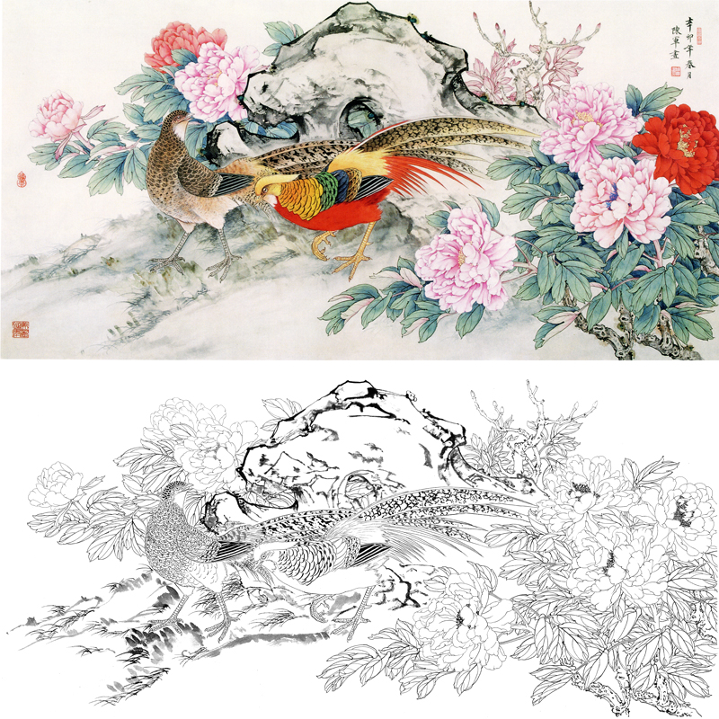 白描底稿牡丹锦鸡图宣纸画稿