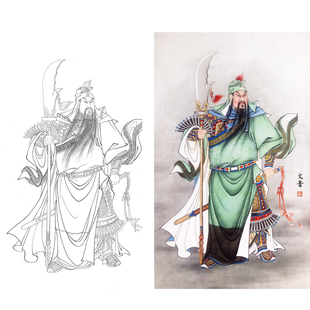 临摹关公人物工笔画白描底稿大幅国画临摹练习实物打印勾线打印稿