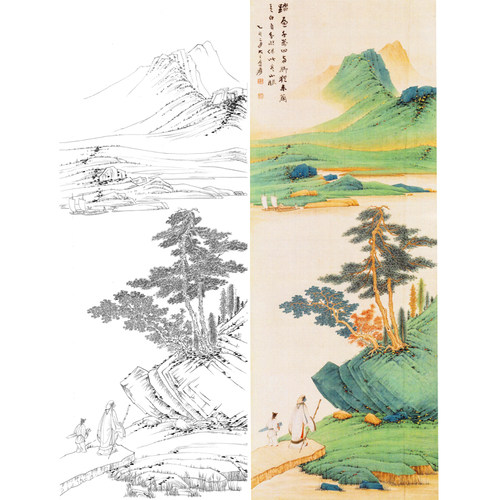 青绿山水画工笔画白描底稿