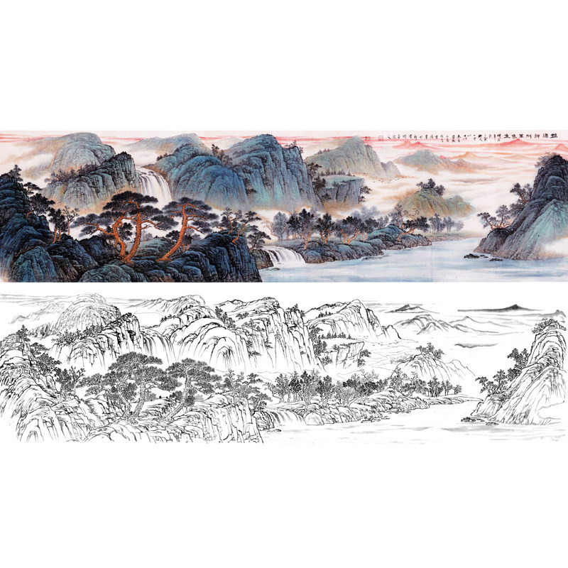 高清国画山水白描底稿大横幅锦绣神州松树风景临摹勾线打印稿画子