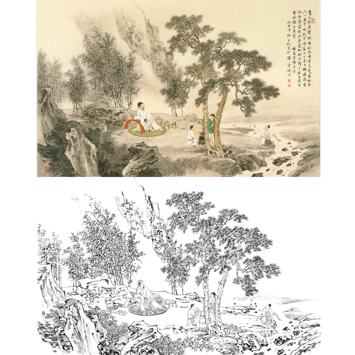 山水画工笔画白描底稿风景人物国画装饰画线描临摹勾线练习打印稿图片