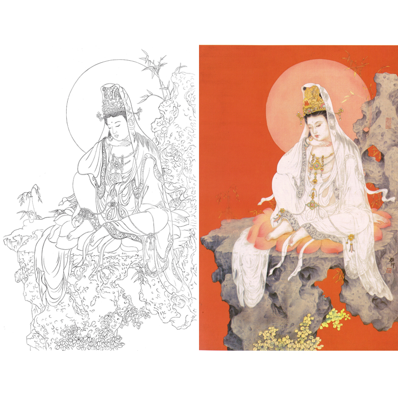 工笔画白描底稿观音人像水月观音国画临摹线描勾线练习佛画打印稿