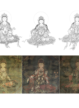 水月观音菩萨文殊大普贤白描底稿工笔画线描壁画高清实物打印勾线