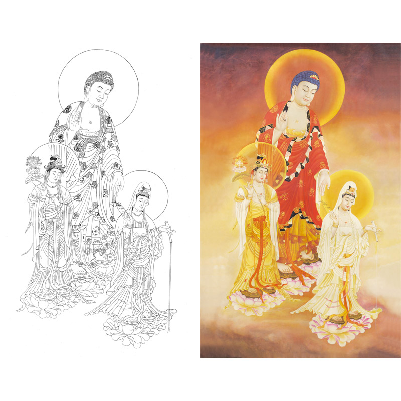 工笔白描底稿西方三圣人物观音工笔画白描底稿临摹线描稿练习稿画