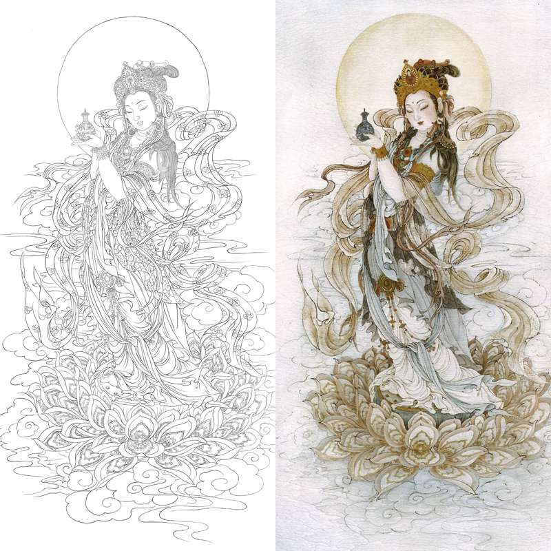 白描底稿工笔画观音线描稿