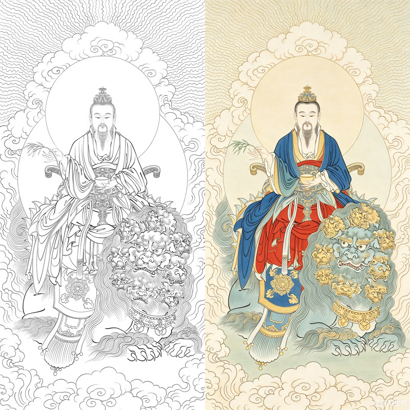 工笔画道家神仙画太乙救苦天尊白描底稿国画临摹勾线练习打印稿子