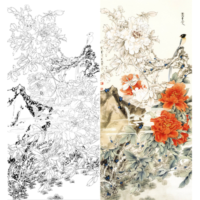 白描底稿工笔画牡丹画