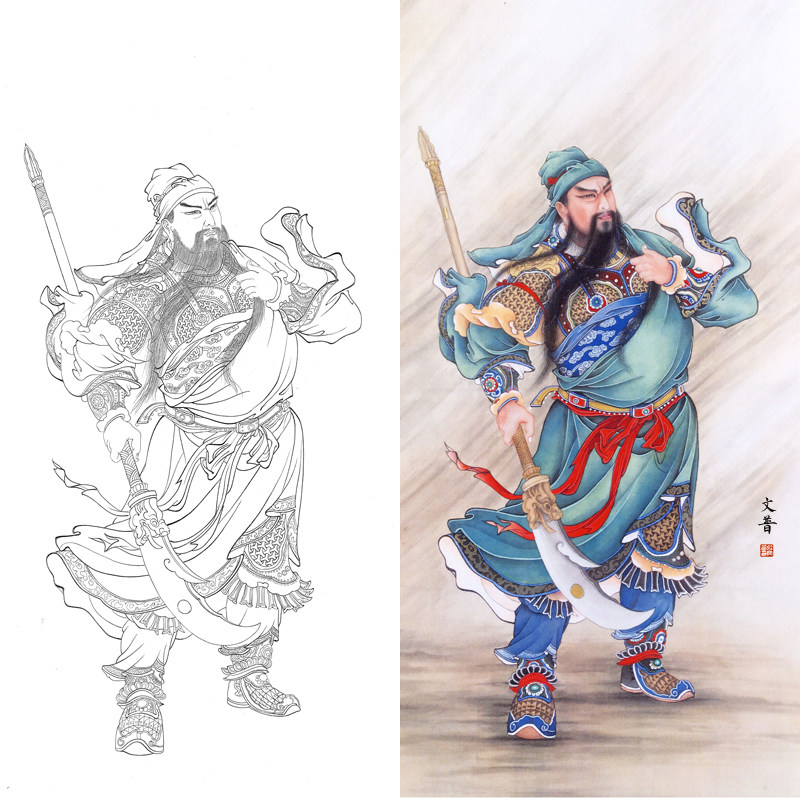 工笔人物关公白描底稿大幅武圣人简单临摹勾线实物打印练习打印稿