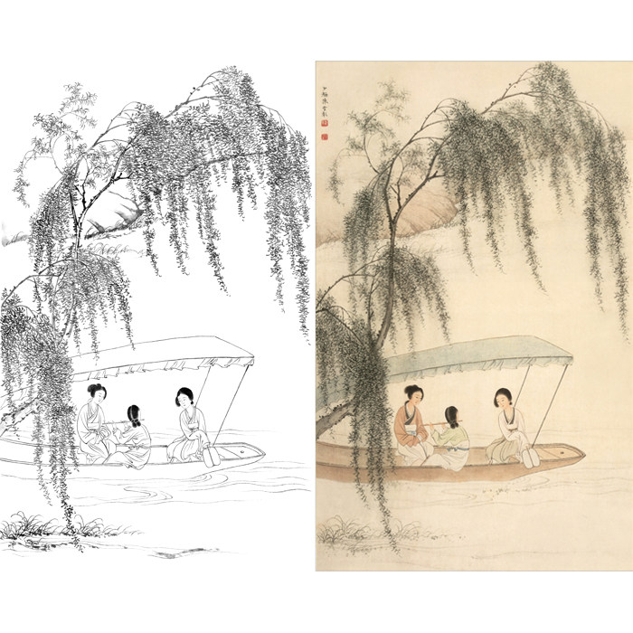 传统仕女人物画谱 陈少梅仕女图人物白描底稿工笔画练习稿打印稿