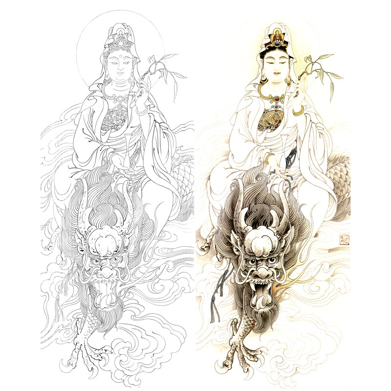 高清工笔画白描底稿观音人物白描底稿线稿临摹实物打印稿练习稿画