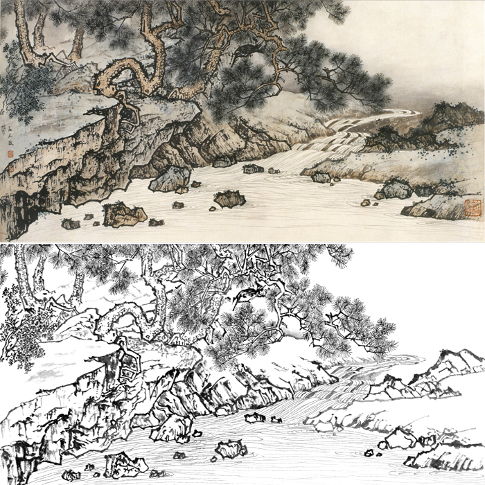 山水画工笔画白描底稿国画横幅山水松树溪流画临摹勾线练习打印稿