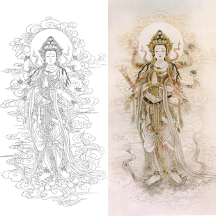 十一面观音工笔画白描底稿国画人像画线描图临摹勾线练习打印画稿
