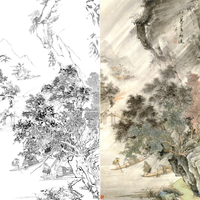 工笔画山水风景画白描底稿国画四尺六尺山水临摹勾线练习打印画稿