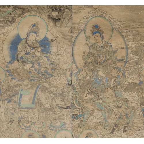 工笔画敦煌壁画文殊普贤佛像