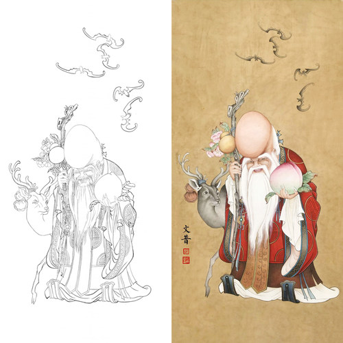 白描底稿工笔画寿星图稿