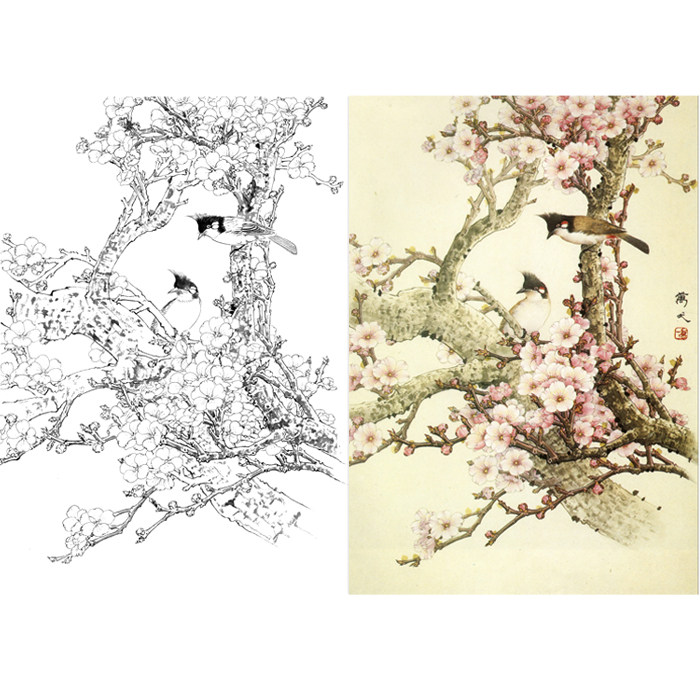 工笔画梅花山雀白描底稿国画花鸟小品竖幅线描临摹勾线练习打印稿