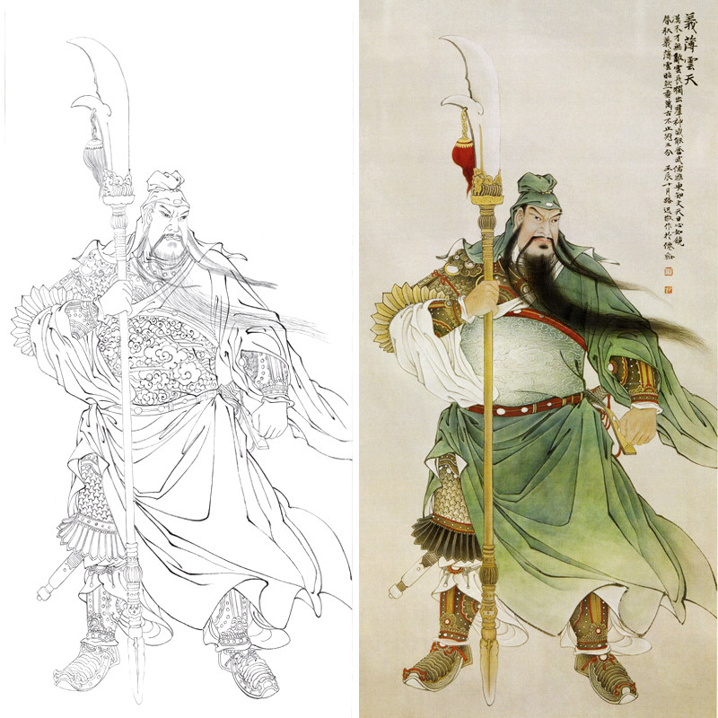 关公工笔白描底稿关羽武圣传统人物高清稿宣纸实物打印稿练习画稿