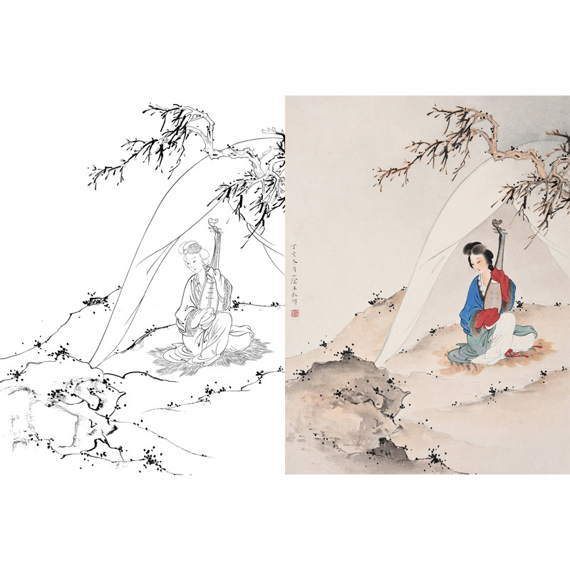 王叔晖高清工笔画仕女人物白描底稿国画临摹勾线练习打印稿宣纸画