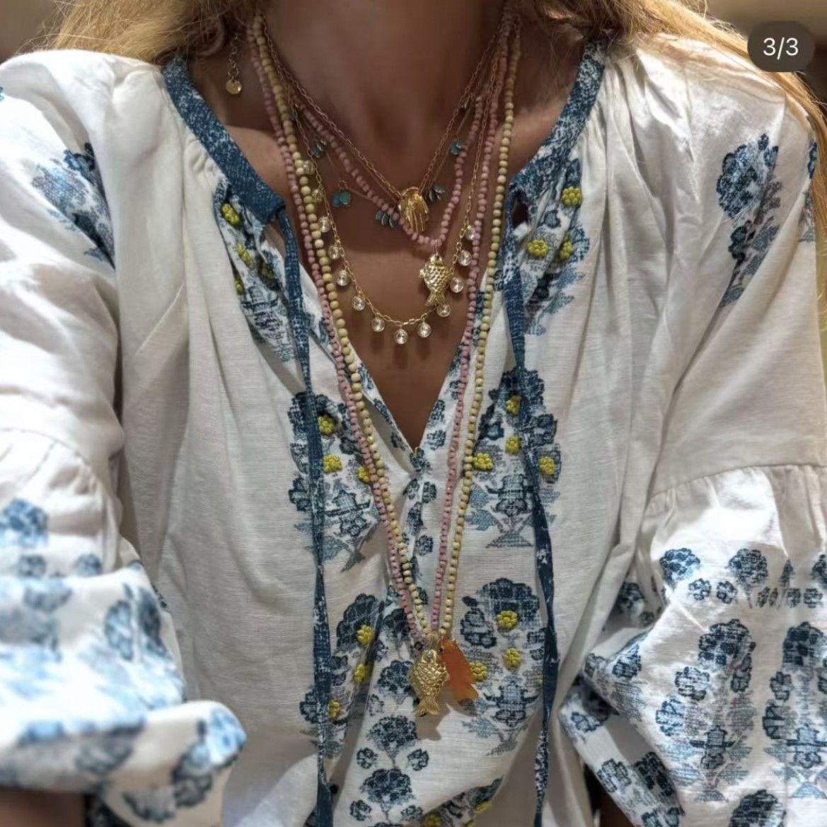 欧美INS风彩色天然石项链立体小鱼锦鲤波西米亚叠戴项链长链女