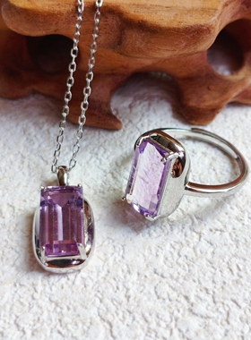 欧美小众外贸气质银饰品镶天然紫水晶黄水晶女方糖开口戒指项链